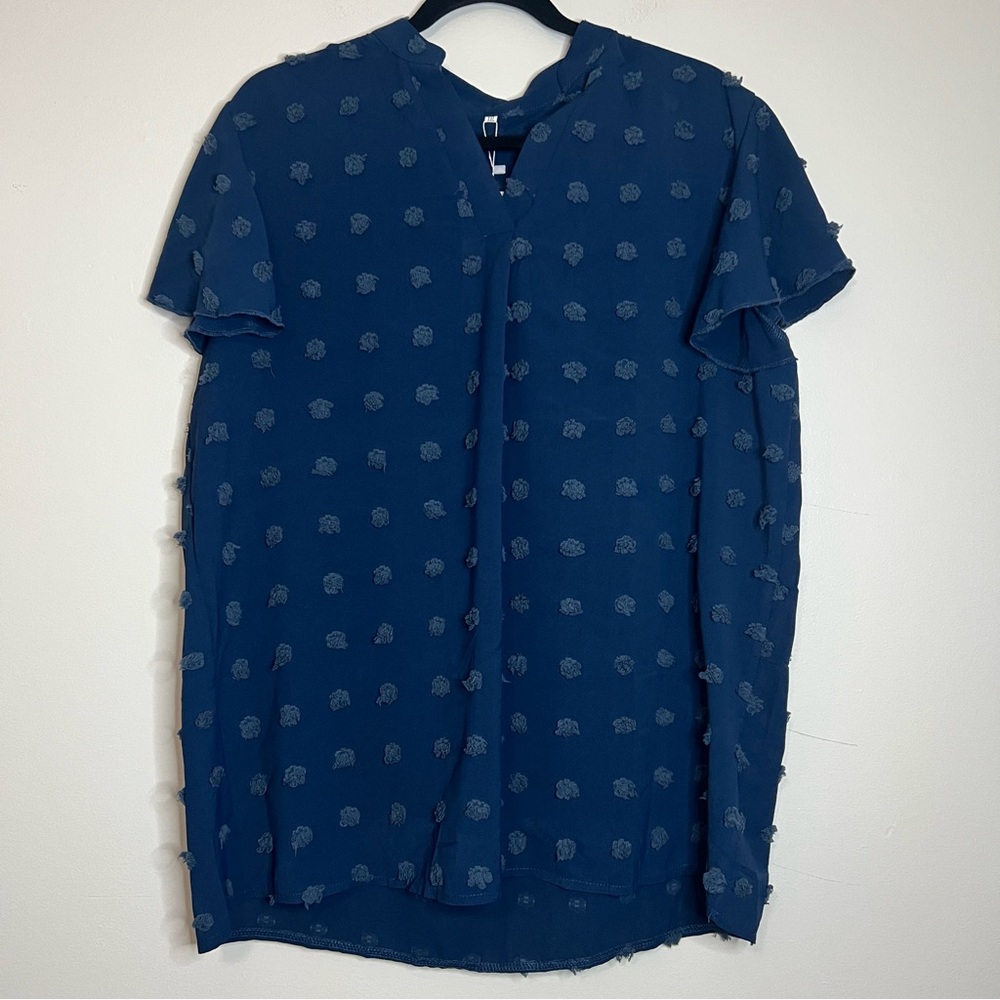 Aovenlia Navy Clip Dot Blouse XXL‎ Sheer Flutter Sleeve Top NWT